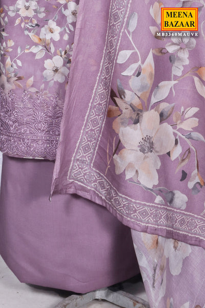 Floral Printed Mauve Muslin Unstitched Suit Set