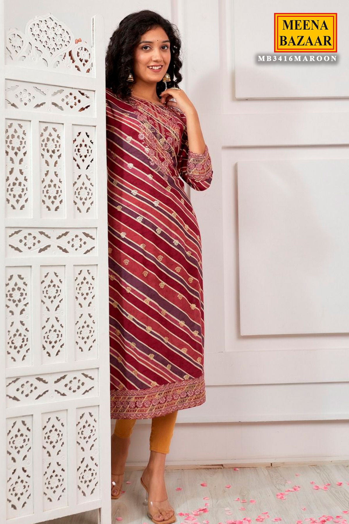 Maroon Muslin Printed Kurti with Embroidered Neck