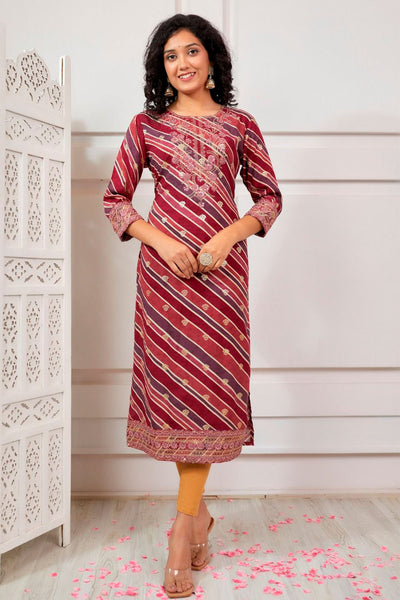 Maroon Muslin Printed Kurti with Embroidered Neck
