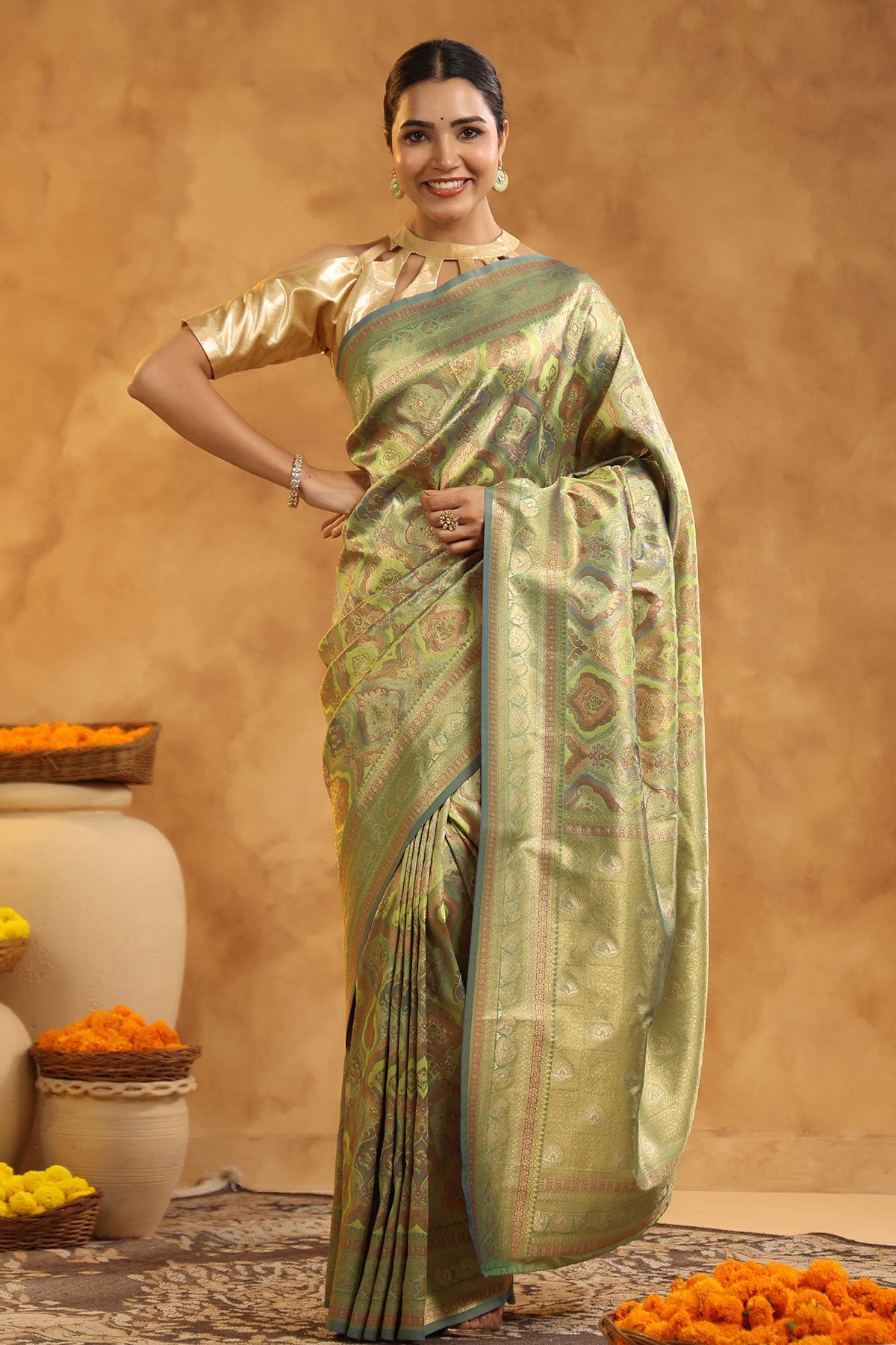 Mehandi Silk Zari Woven Saree