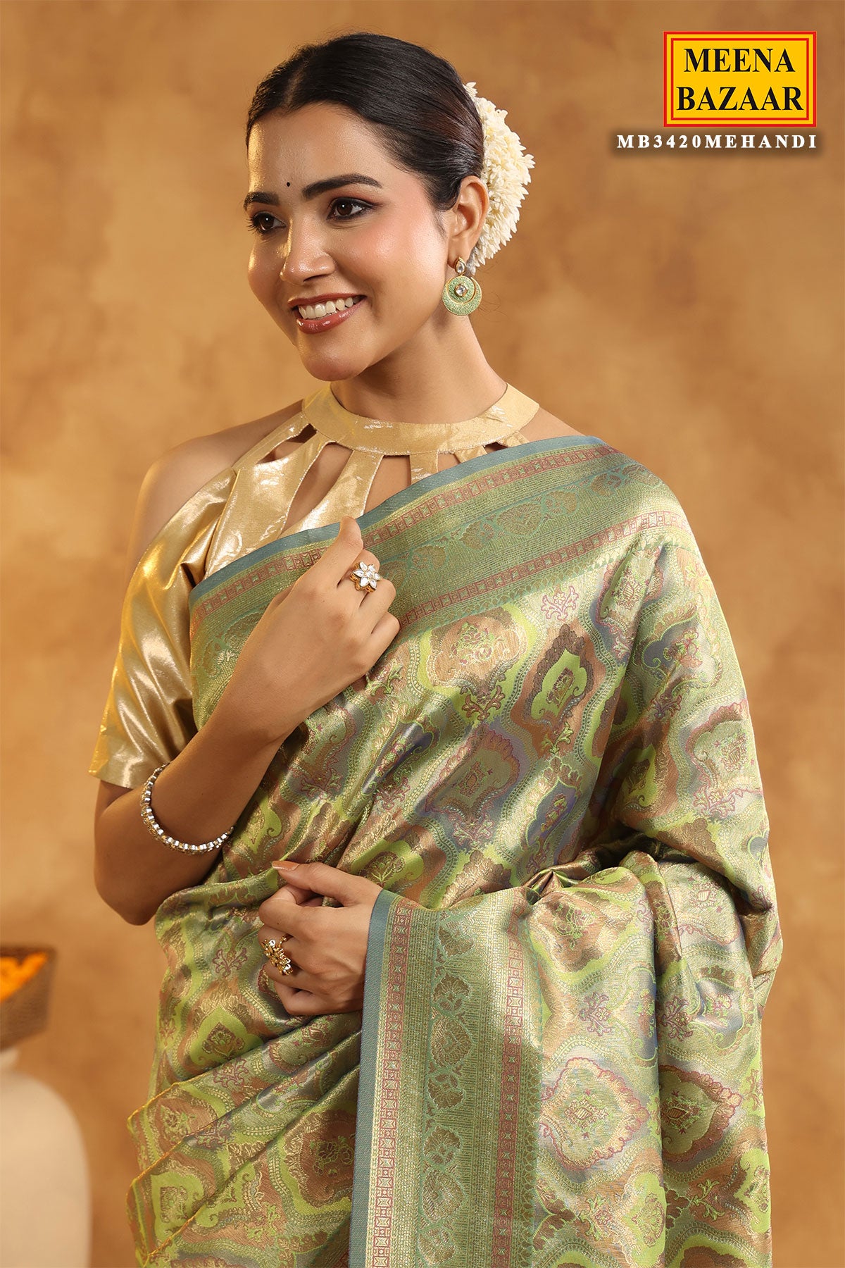 Mehandi Silk Zari Woven Saree