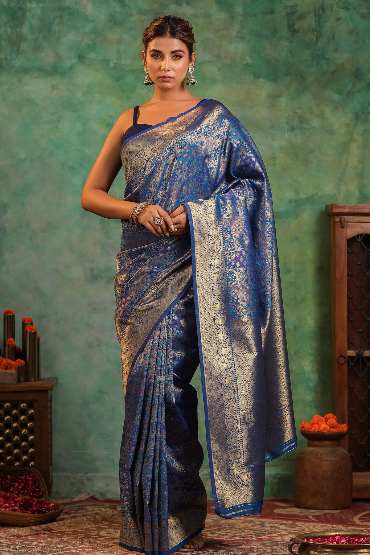 Peacock Blue Silk Saree With Zari Brocade And Zari Border