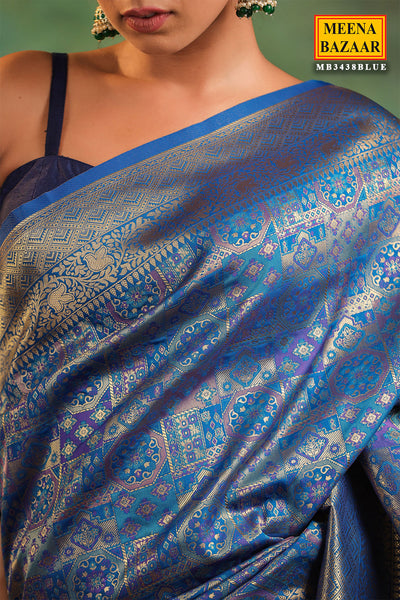 Peacock Blue Silk Saree With Zari Brocade And Zari Border