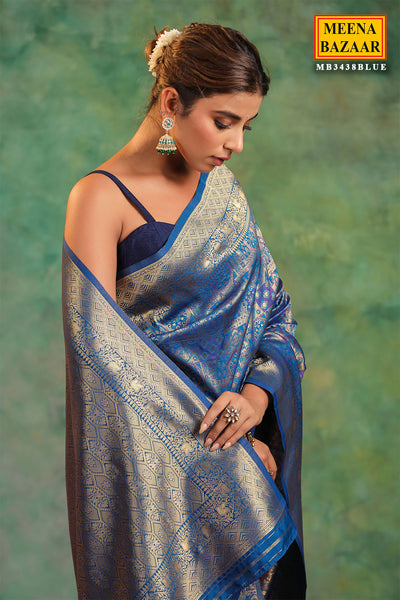 Peacock Blue Silk Saree With Zari Brocade And Zari Border