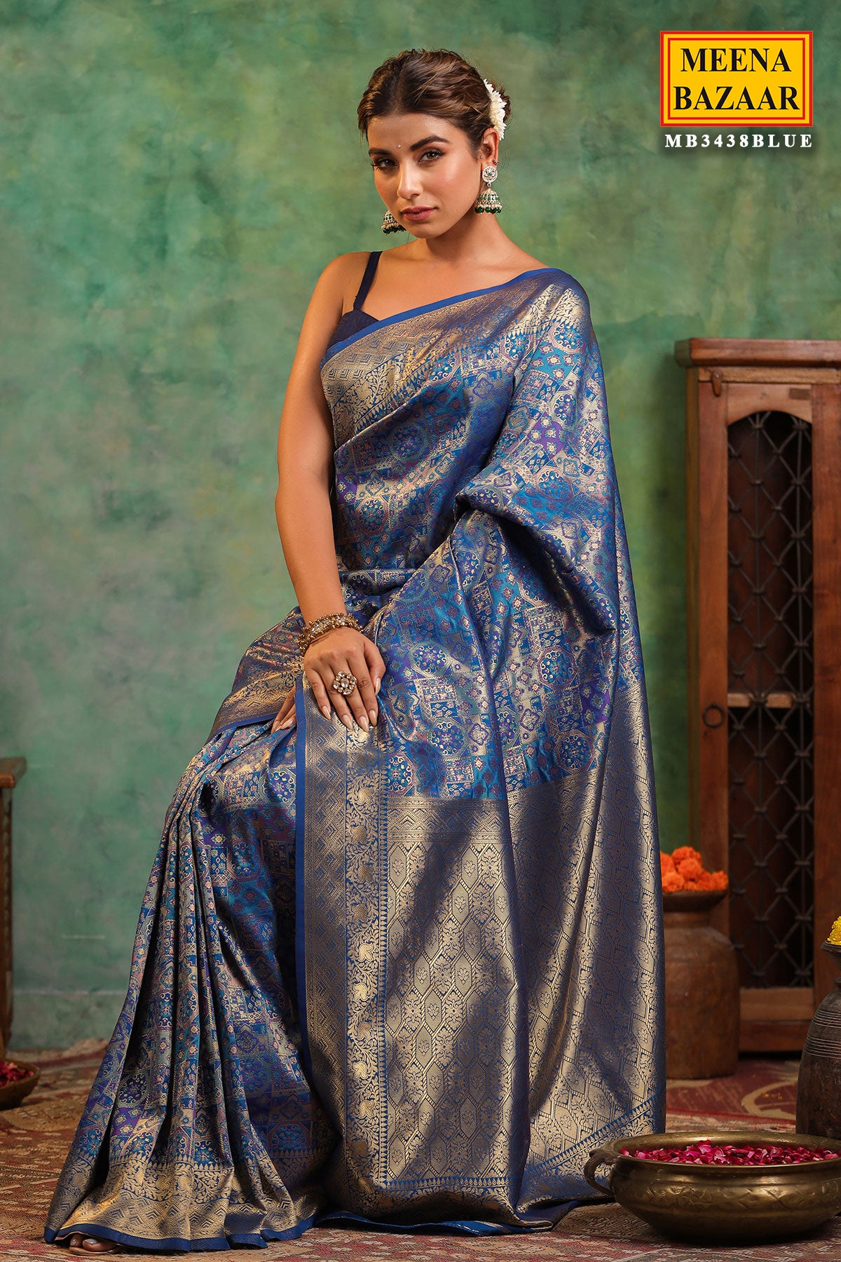 Peacock Blue Silk Saree With Zari Brocade And Zari Border