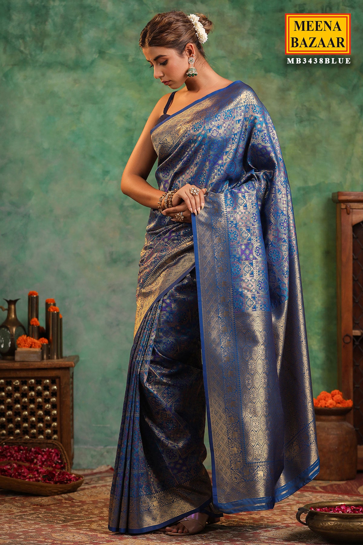 Peacock Blue Silk Saree With Zari Brocade And Zari Border