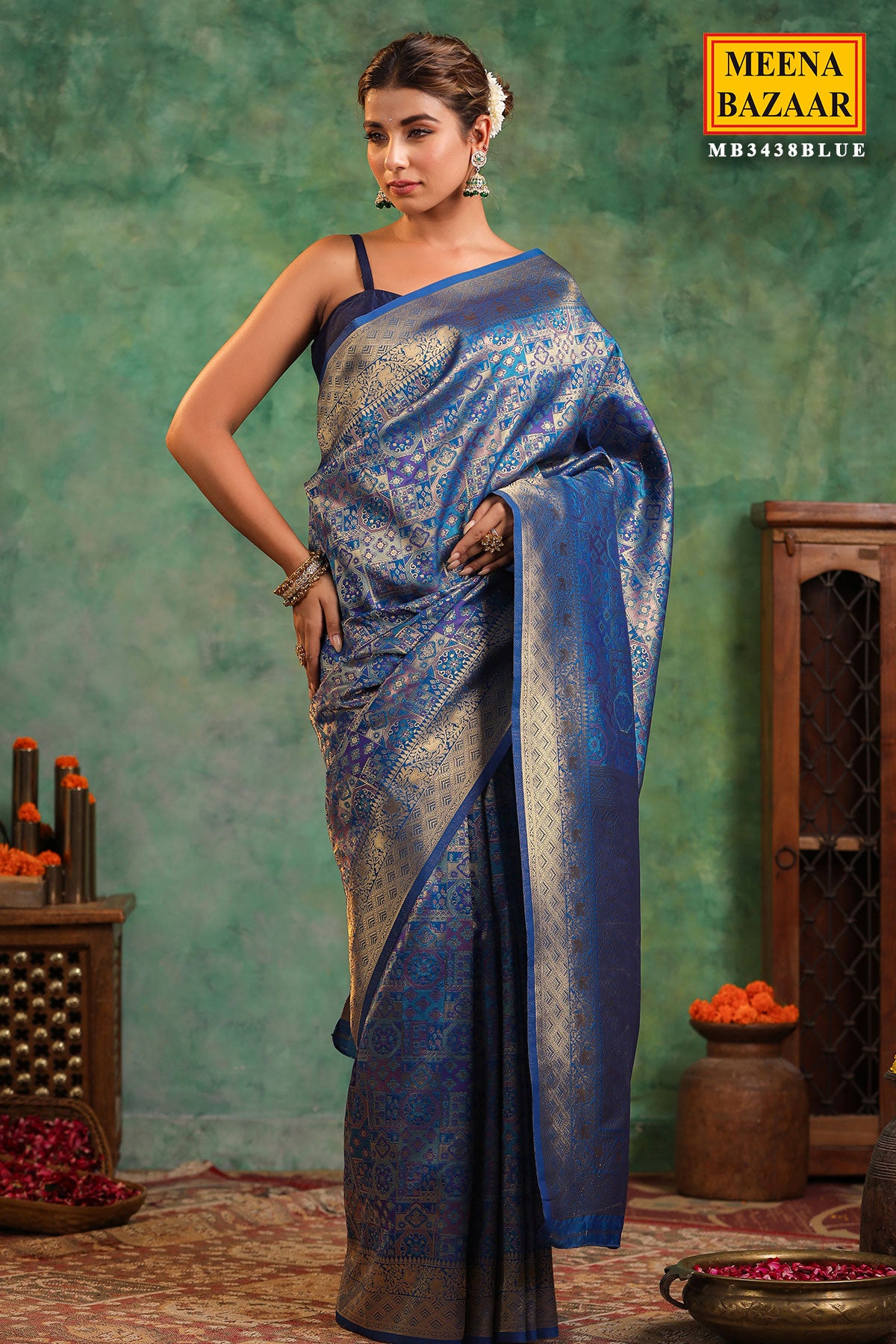 Peacock Blue Silk Saree With Zari Brocade And Zari Border