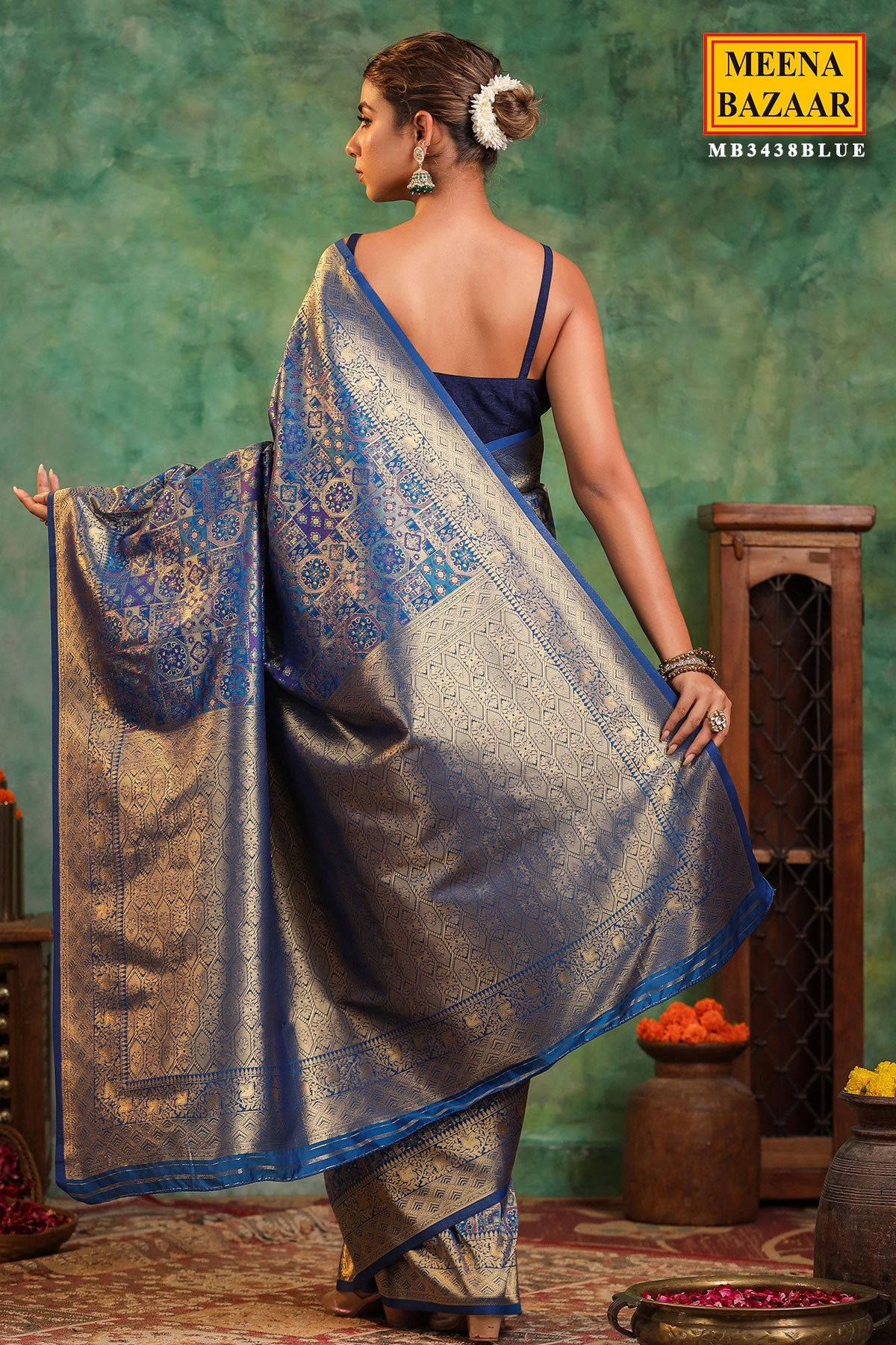 Peacock Blue Silk Saree With Zari Brocade And Zari Border