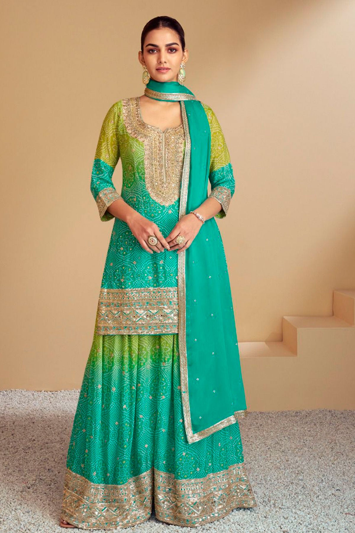 Aqua & Green Chinon Embroidered Ombre Bandhani Printed Sharara Suit Set