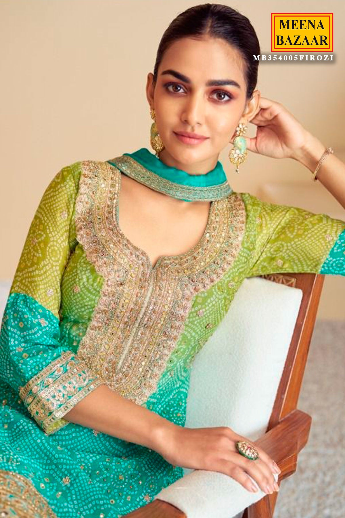 Aqua & Green Chinon Embroidered Ombre Bandhani Printed Sharara Suit Set