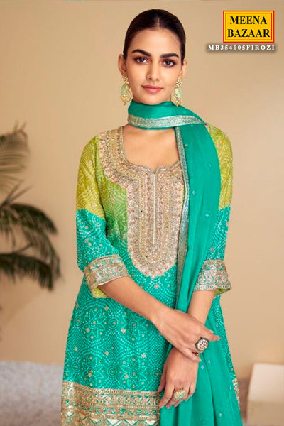 Aqua & Green Chinon Embroidered Ombre Bandhani Printed Sharara Suit Set