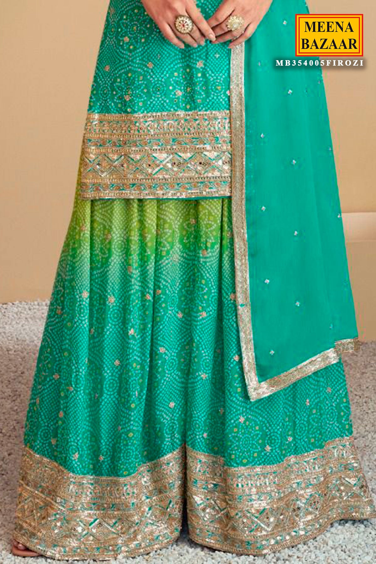 Aqua & Green Chinon Embroidered Ombre Bandhani Printed Sharara Suit Set