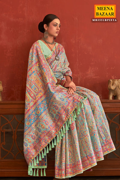 Pista Chanderi Floral and Paisley Woven Saree
