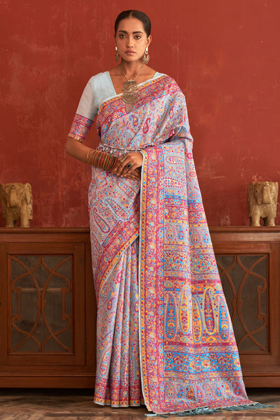 Firozi Chanderi Floral and Paisley Woven Saree