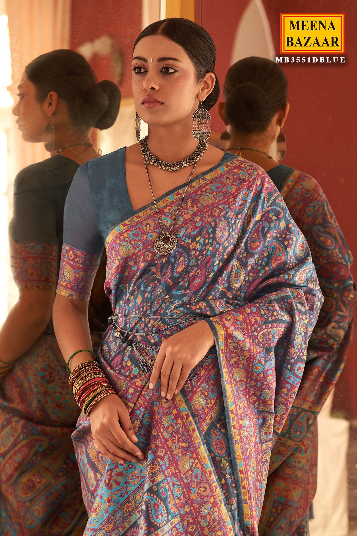 Blue Chanderi Floral and Paisley Woven Saree