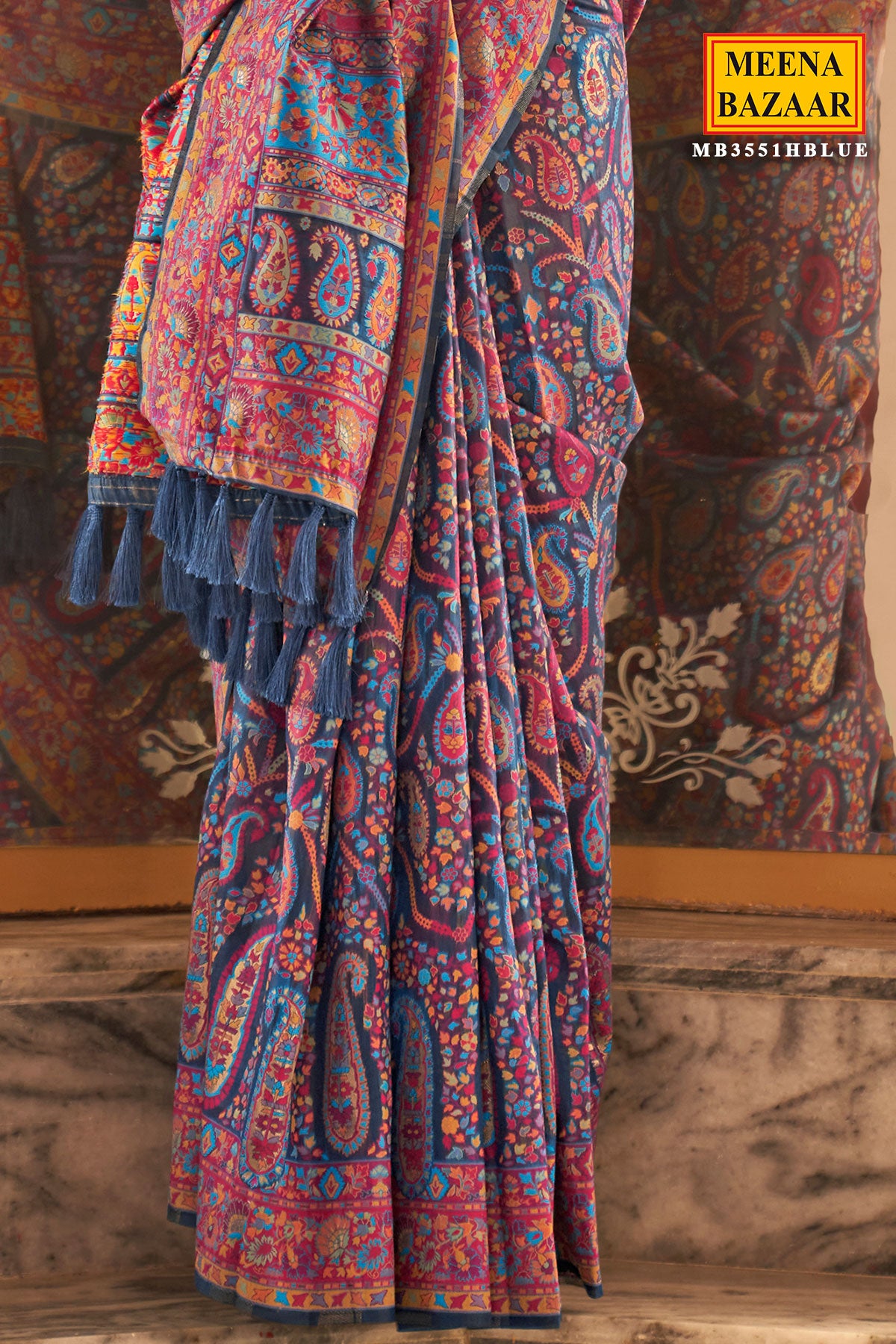 Blue Chanderi Floral and Paisley Woven Saree