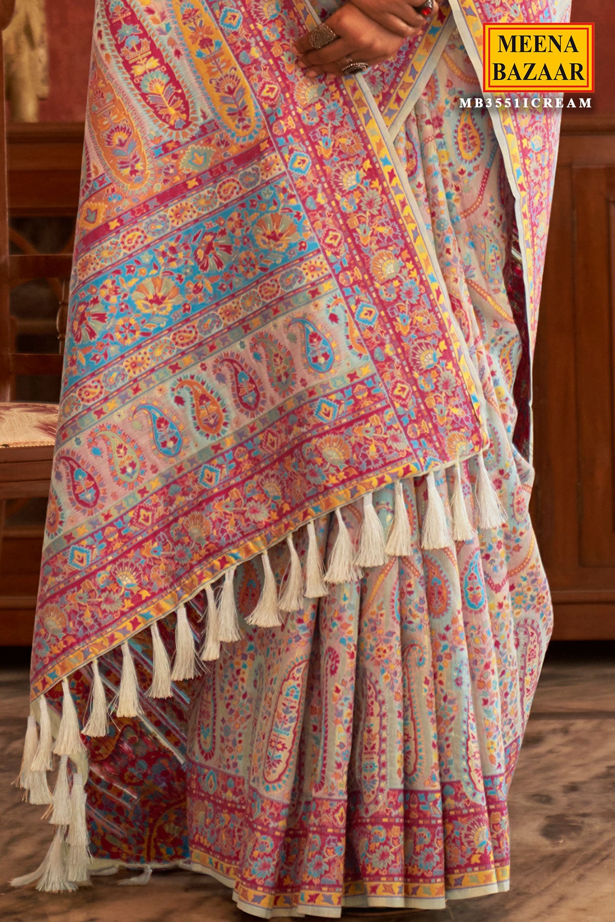 Cream Chanderi Floral and Paisley Woven Saree