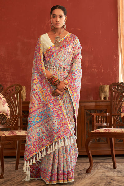 Cream Chanderi Floral and Paisley Woven Saree