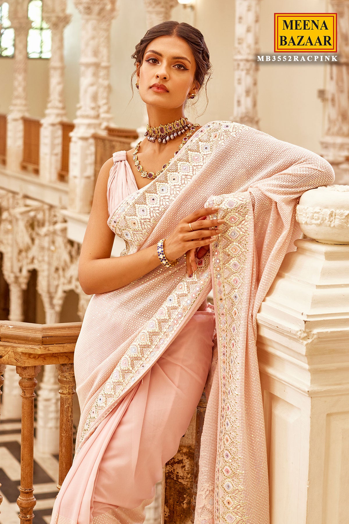 Pink Georgette Embroidered Self Sequins Gota Patti Embroidered Saree