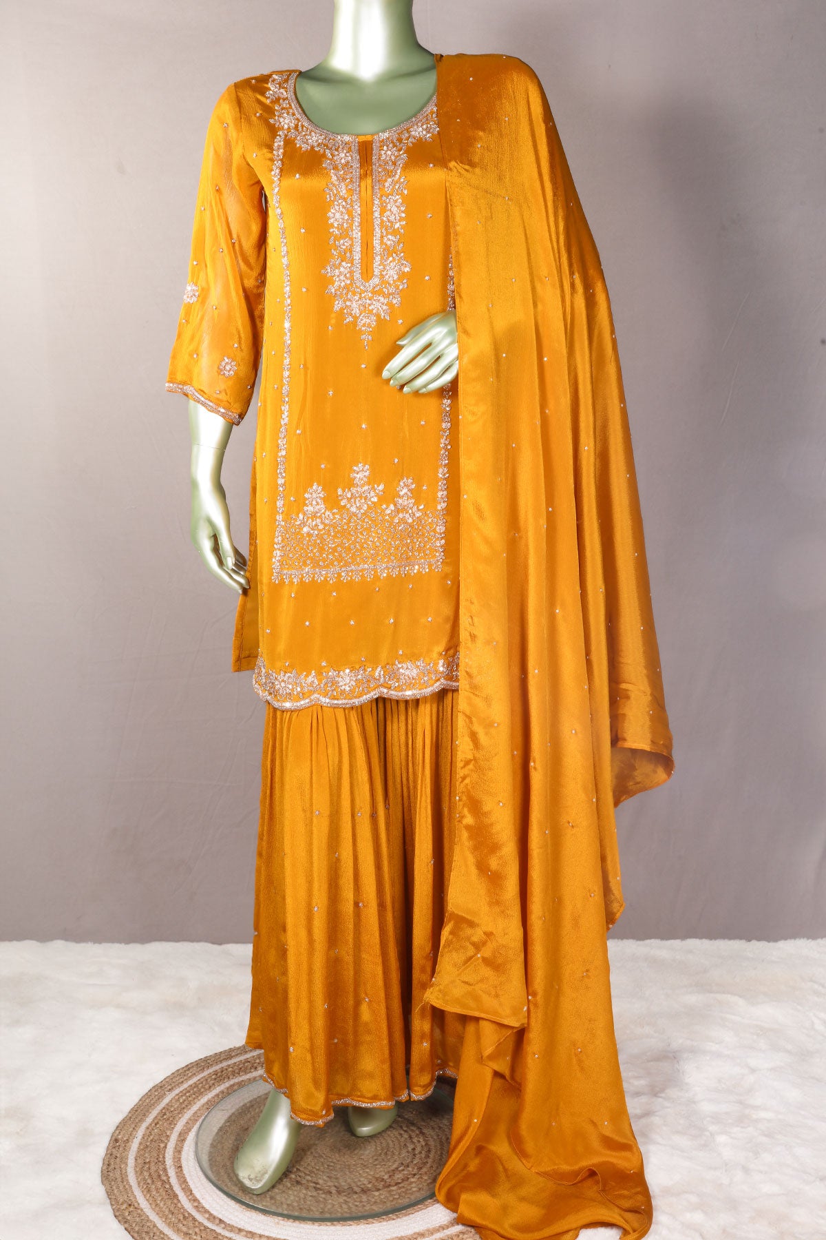 Mustard Sequin Embroidered Georgette Sharara Suit Set
