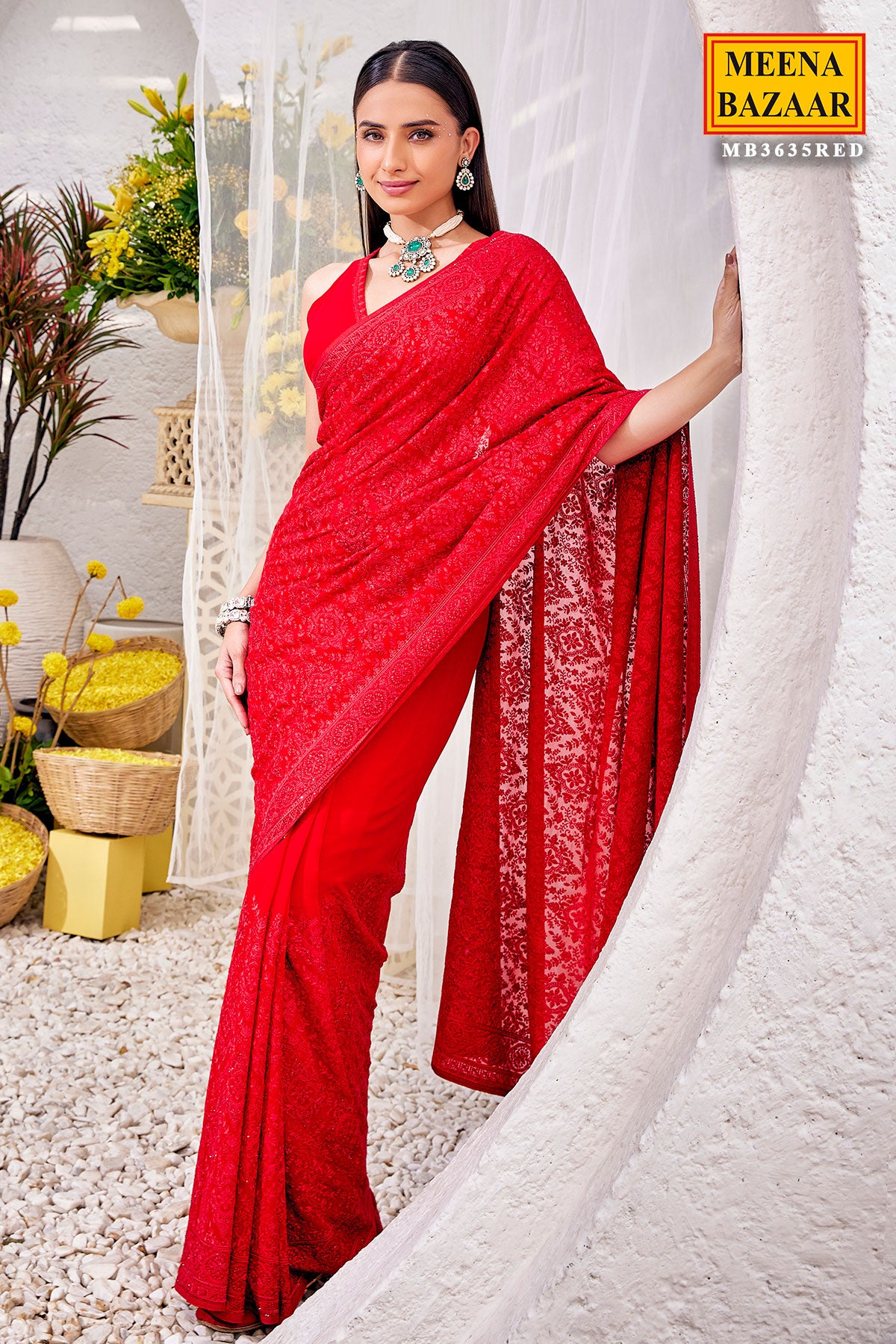 Red Soft Georgette Self Thread Embroidered Saree