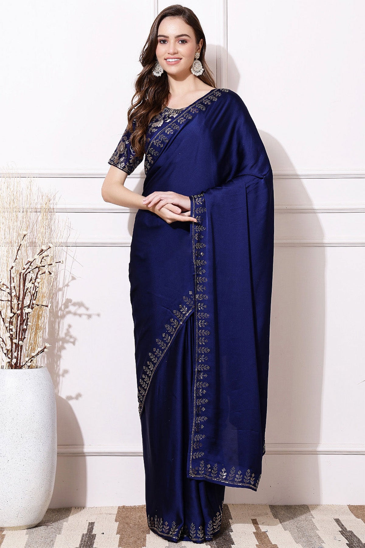 Navy Blue Satin Sequin Swarovski Embellished Saree