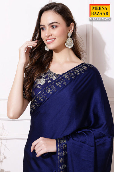 Navy Blue Satin Sequin Swarovski Embellished Saree