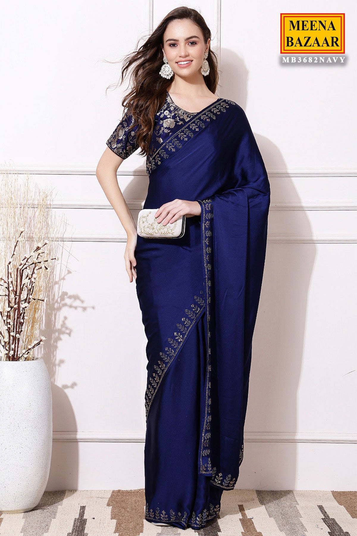 Navy Blue Satin Sequin Swarovski Embellished Saree