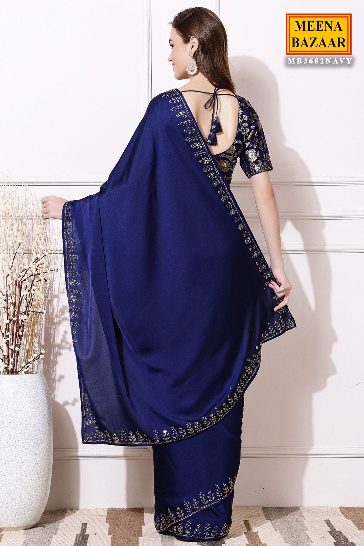 Navy Blue Satin Sequin Swarovski Embellished Saree