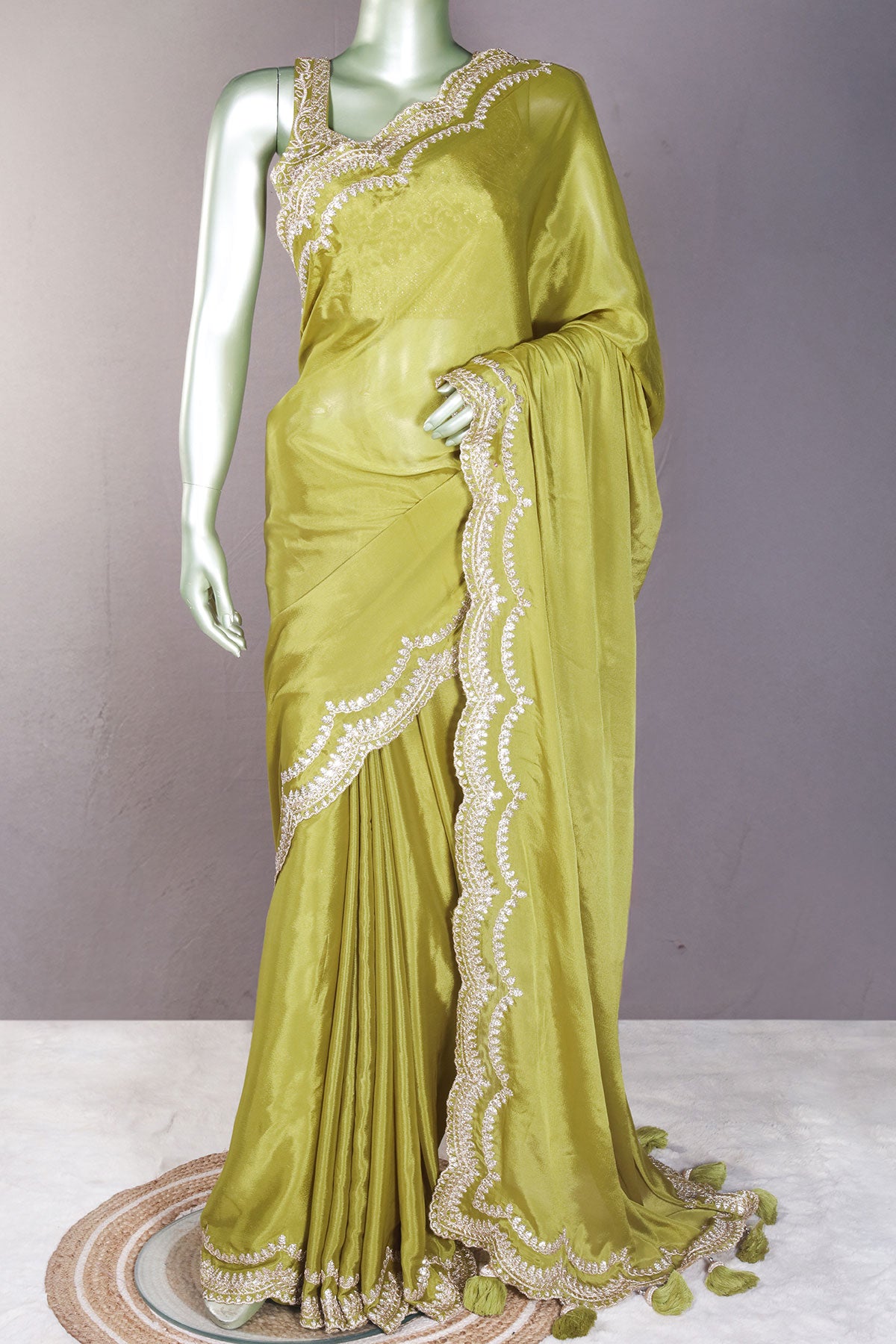 Mehandi Green Zari, Sequin Embroidered Saree With Ready Blouse