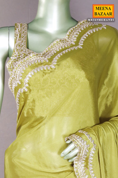 Mehandi Green Zari, Sequin Embroidered Saree With Ready Blouse