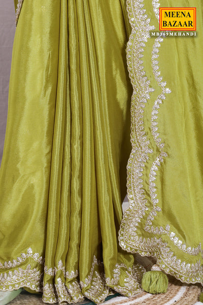 Mehandi Green Zari, Sequin Embroidered Saree With Ready Blouse