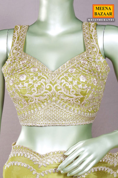 Mehandi Green Zari, Sequin Embroidered Saree With Ready Blouse