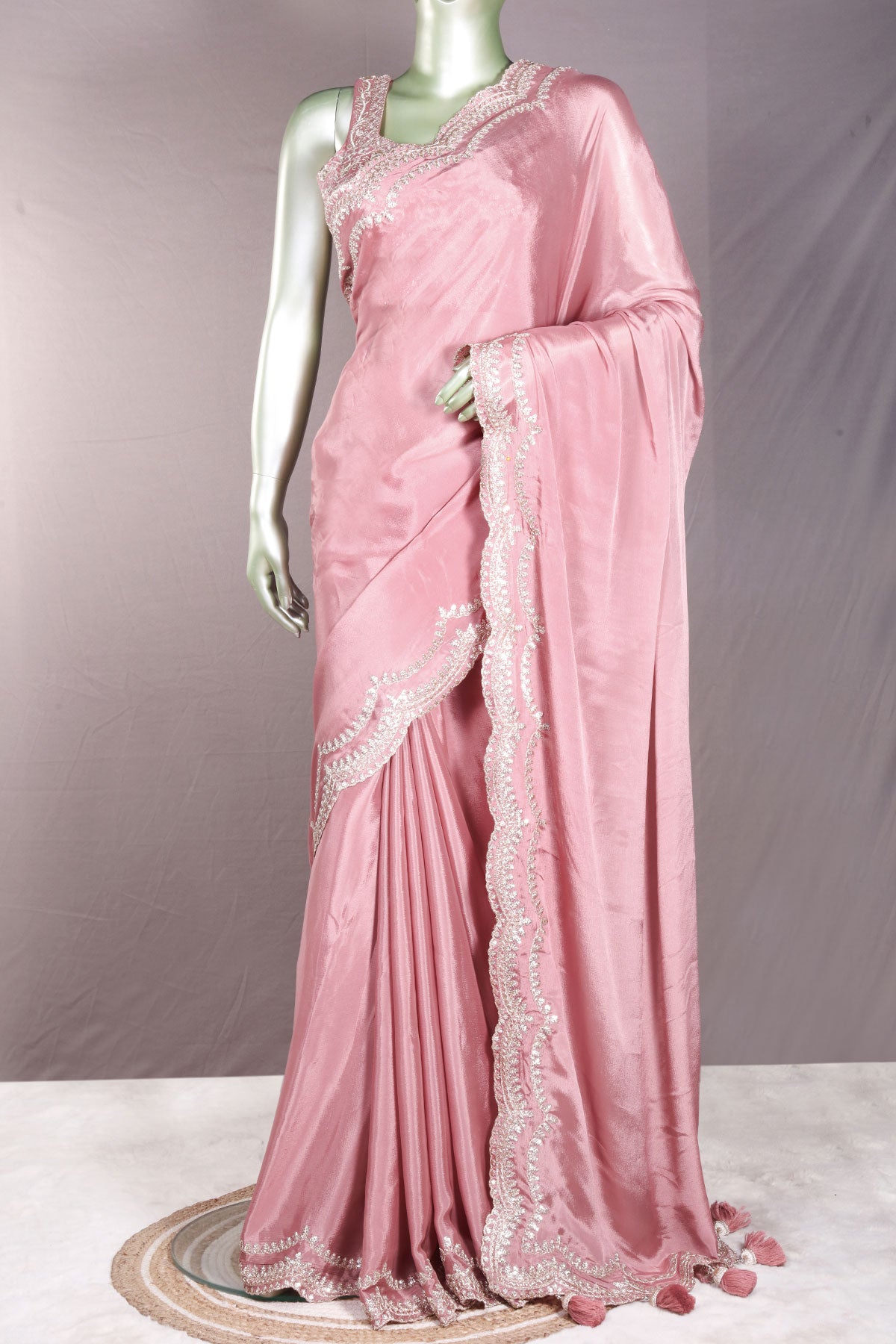 Pink Zari, Sequin Embroidered Saree With Ready Blouse