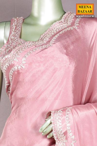 Pink Zari, Sequin Embroidered Saree With Ready Blouse
