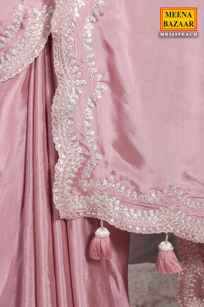Pink Zari, Sequin Embroidered Saree With Ready Blouse