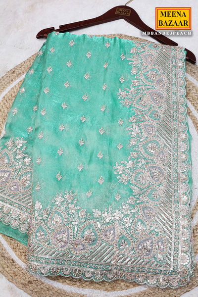 Firozi Shimmer Saree Elegant Party & Festive Wear