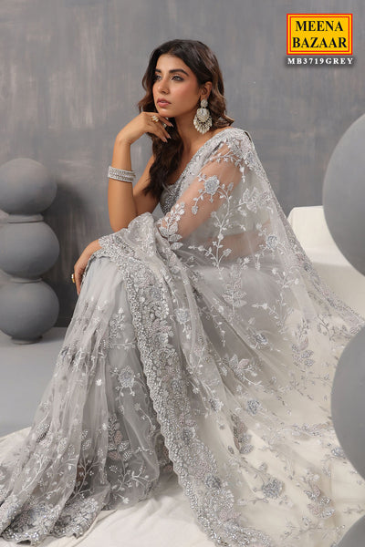 Grey Net Swarovski, Pearl Embroidered Saree