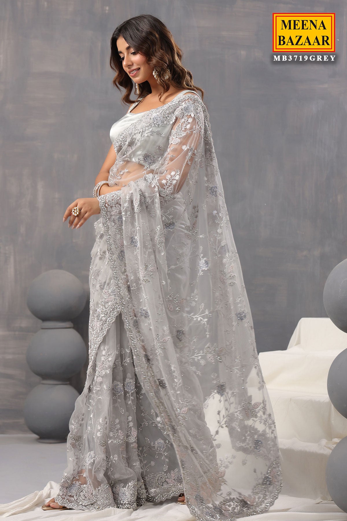 Grey Net Swarovski, Pearl Embroidered Saree