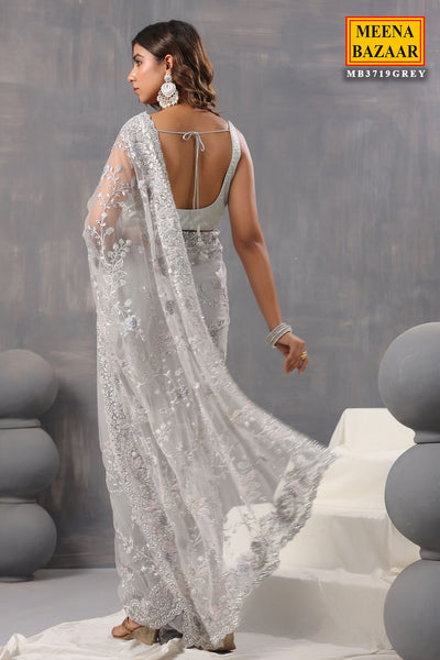 Grey Net Swarovski, Pearl Embroidered Saree