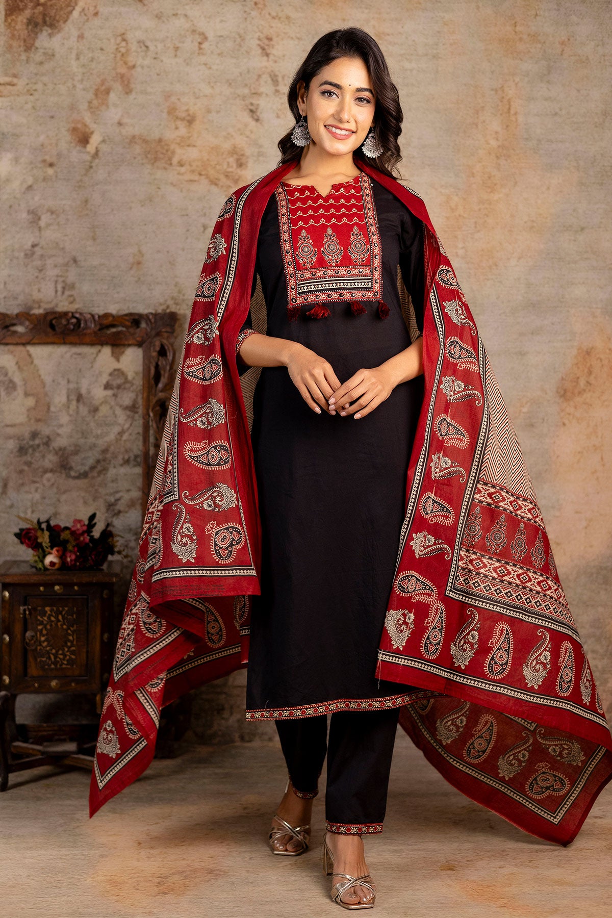 Black Cotton Printed Suit Set With Dupatta