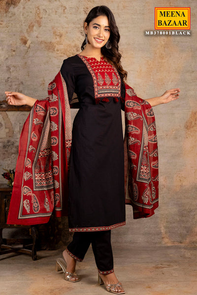 Black Cotton Printed Suit Set With Dupatta
