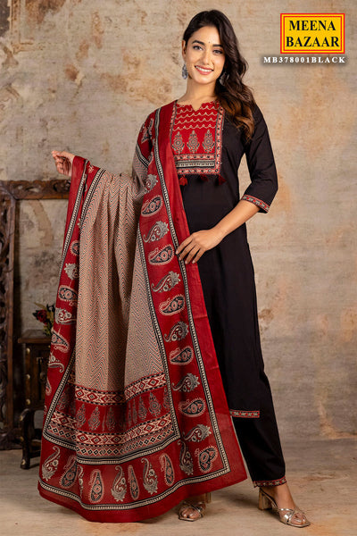 Black Cotton Printed Suit Set With Dupatta