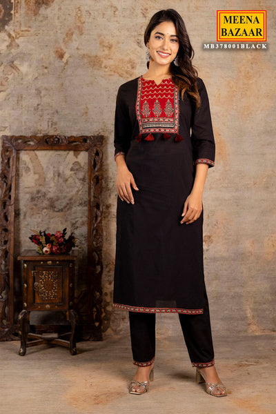 Black Cotton Printed Suit Set With Dupatta