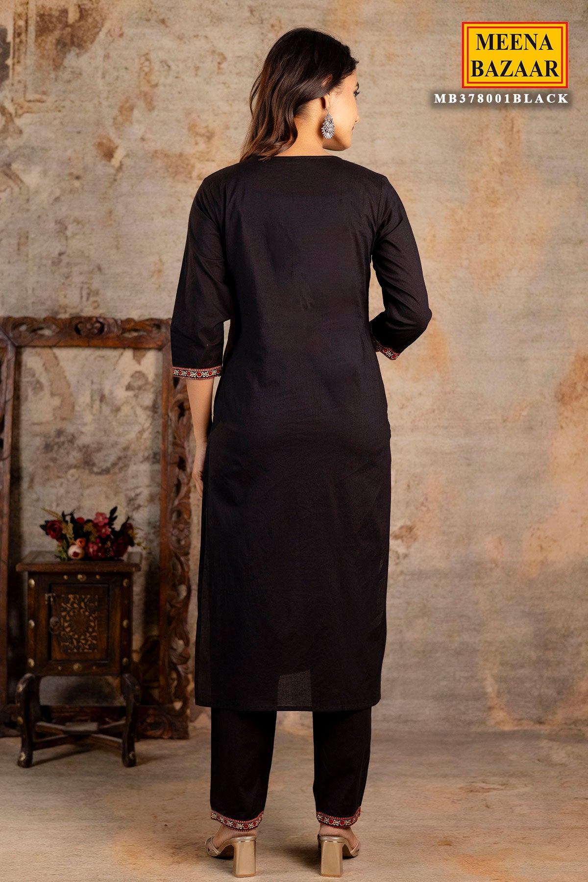 Black Cotton Printed Suit Set With Dupatta