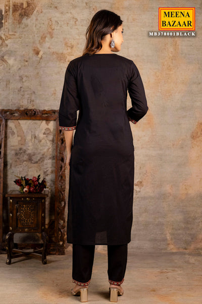 Black Cotton Printed Suit Set With Dupatta