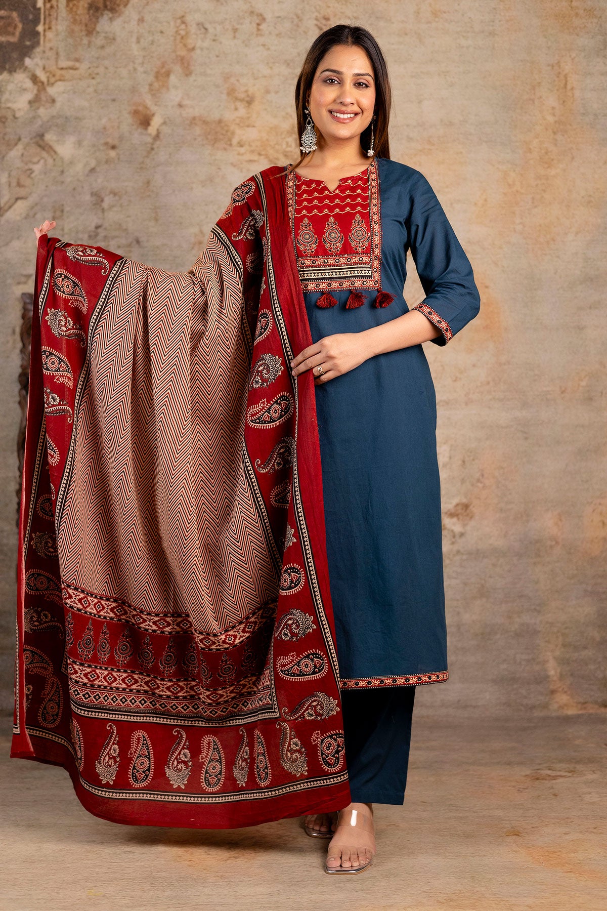 Blue Cotton Printed Suit Set With Dupatta