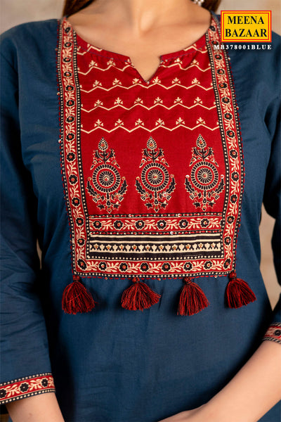 Blue Cotton Printed Suit Set With Dupatta