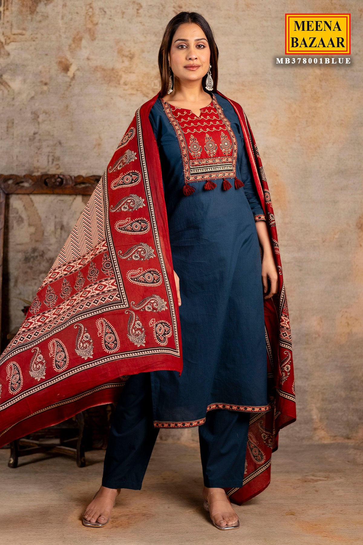 Blue Cotton Printed Suit Set With Dupatta