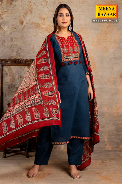 Blue Cotton Printed Suit Set With Dupatta